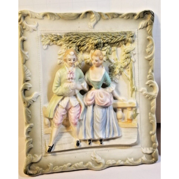 Vintage Pair 3 D Bisque Porcelain Victorian Couple Occupied Japan Wall Plaques - Picture 2 of 16